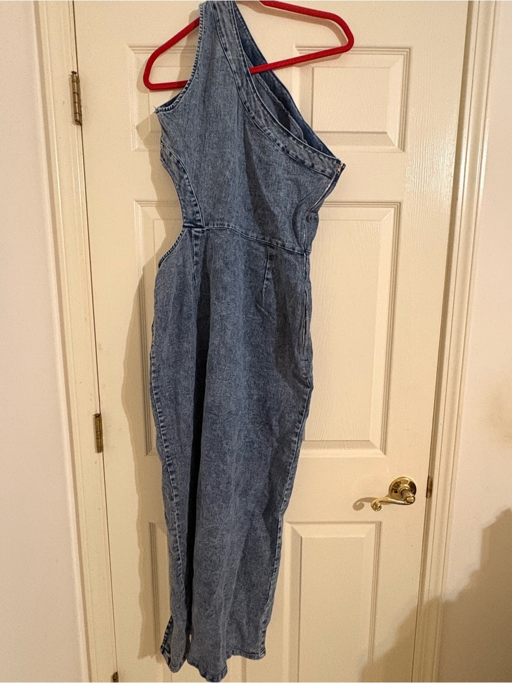 One-Shoulder Denim Maxi Dress in Light Blue